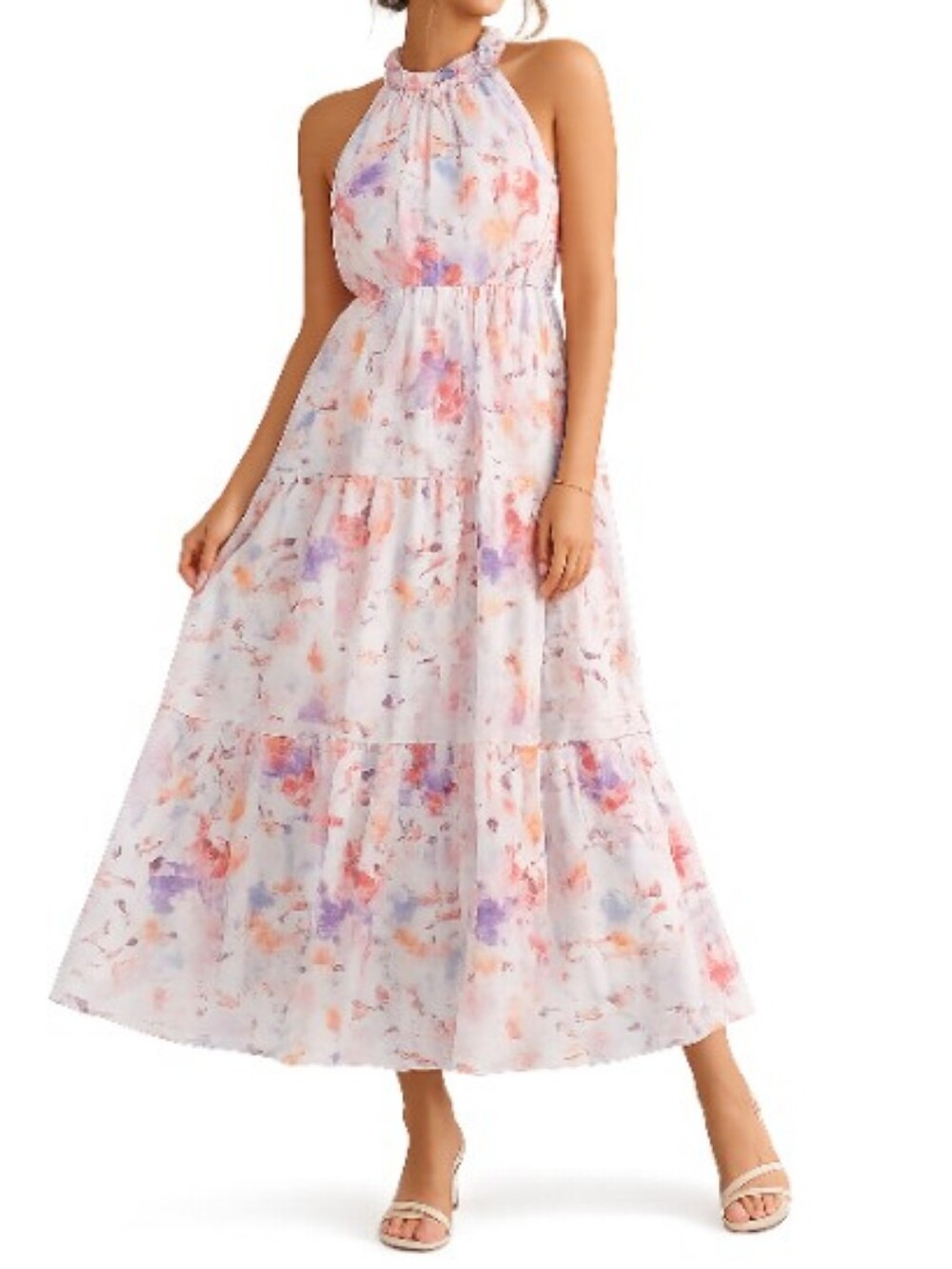 Italian Claudia Collezioni Pastel Floral Purple Summer Tiered Maxi Dress Pink L